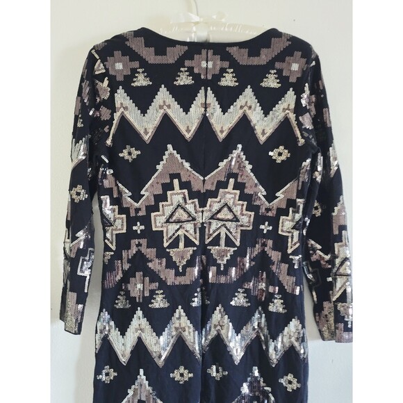 Express Mini Dress Woman's M Black Sequin Aztec Long Sleeve Formal Date Night - Picture 5 of 10